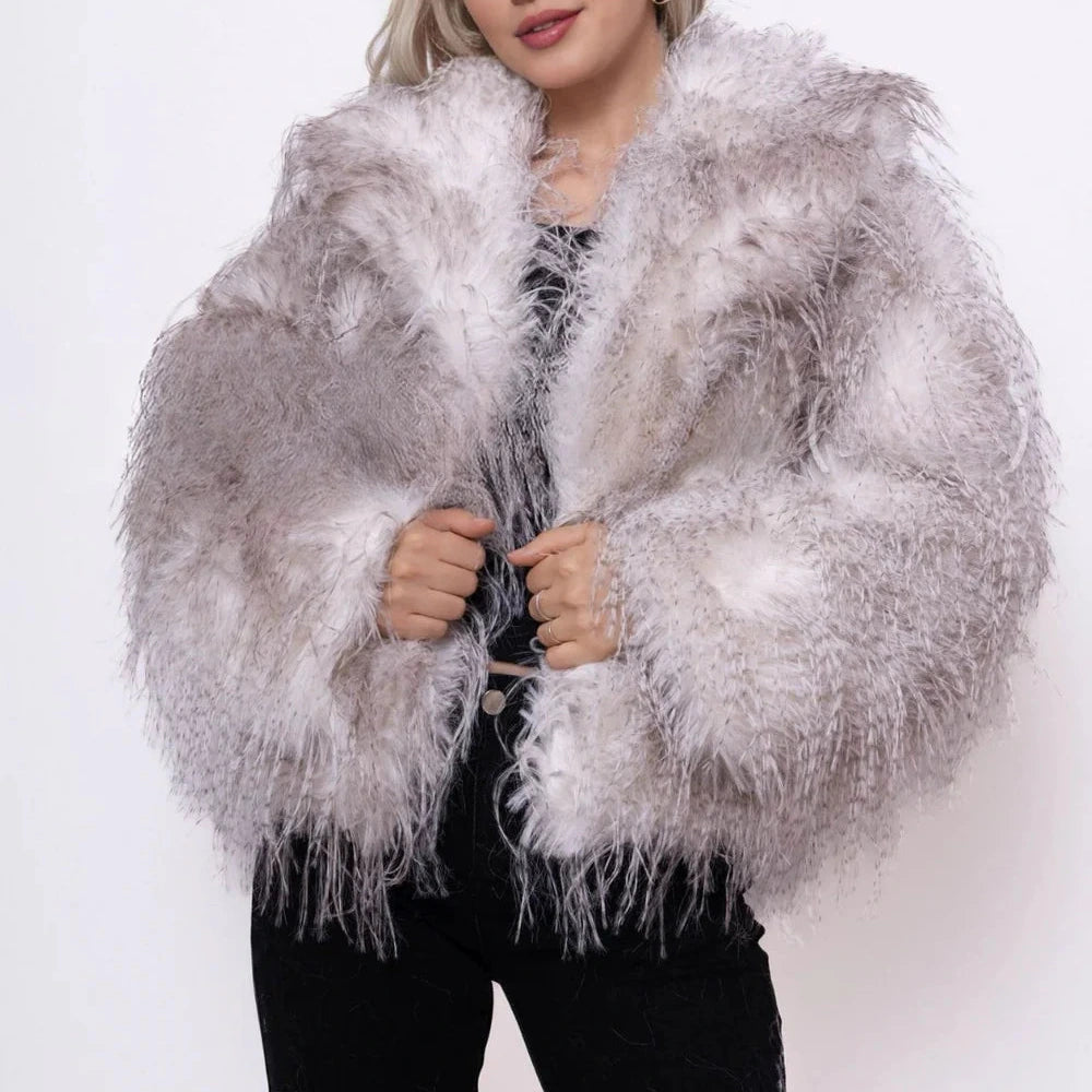 Kunst Fell Jacke Weiß/Grau